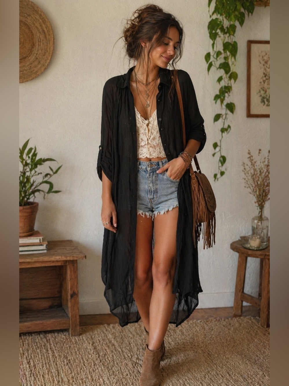 Boho Sheer Black Duster Top • Lightweight Kimono Top Cardigan Size OS NWT - Picture 8 of 8